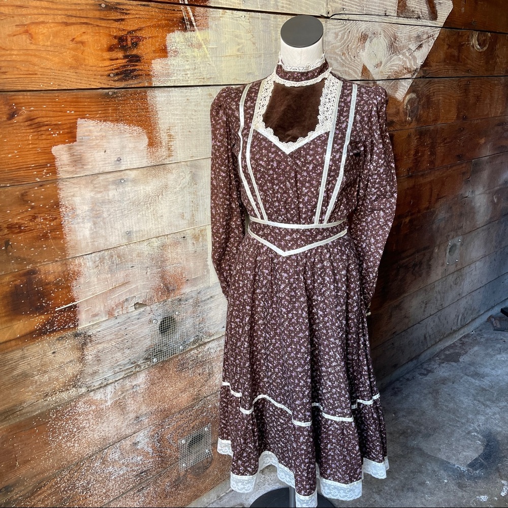 Gunne Sax 1970’s Brown & White Velvet and Lace Floral Print Midi Dress Size 9 - Picture 12 of 12